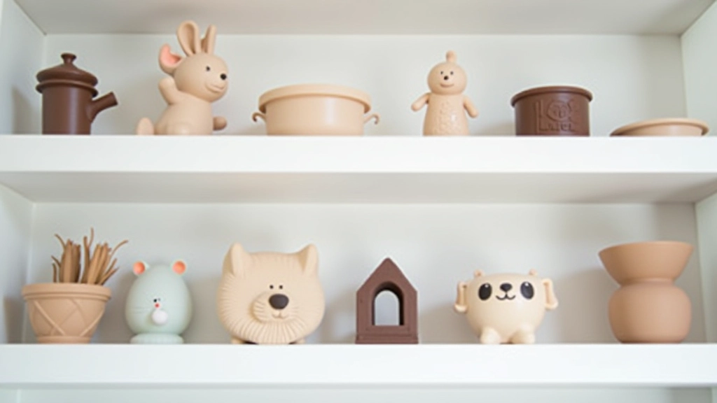 Kreatīvi personalizēti 3D drukāti priekšmeti uz balta plaukta, ieskaitant rotaslietas, smaidu figūriņas un funkcionālus aksesuārus