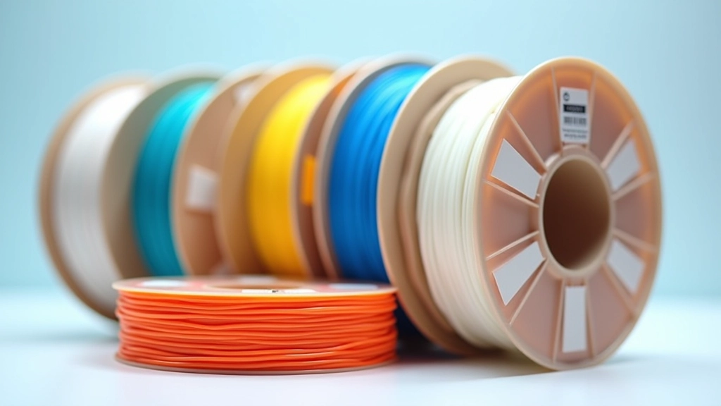 Vairāku krāsu 3D printera filamenti uz spoles, ieskaitant sarkanu, zilu, dzeltenu un baltu, eleganti izkārtoti uz skaidra fona