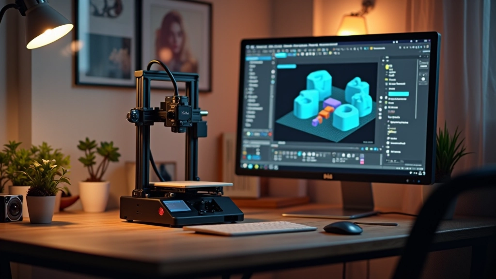 Mājas 3D printera komplekts ar datoriem un aksesuāriem uz darba galda