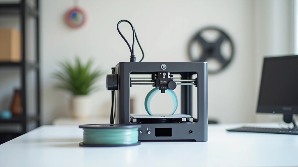 Moderns 3D printeris darba stolā ar plastmasas filamentu spoles blakus