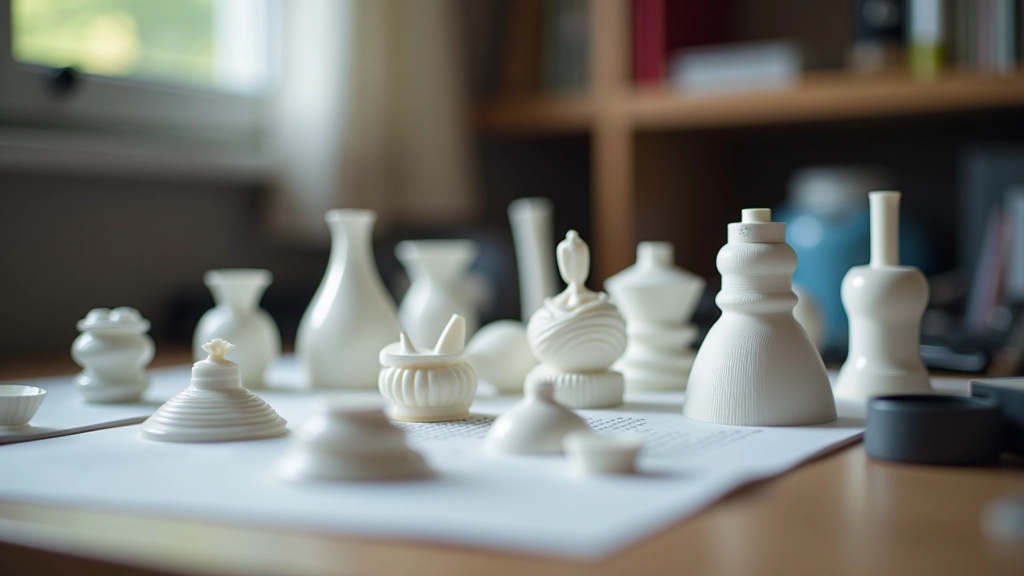 Darbvieta ar vairākiem 3D drukātiem prototipiem dažādās stadijās, rādot iterācijas procesu no raupjiem modeļiem uz tīriem produktiem